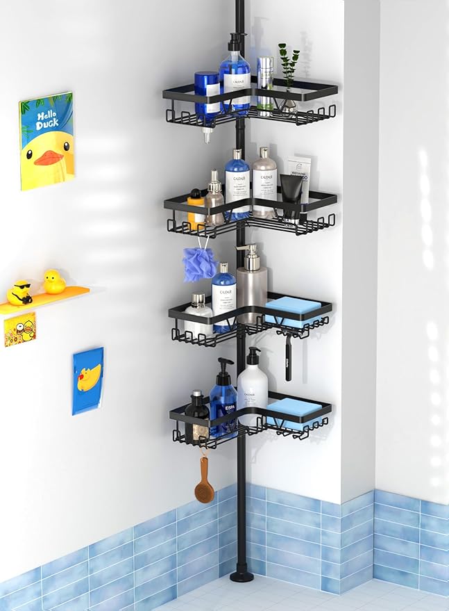 Corner Shower Caddy - 24 Hanging Hooks, Tension Pole Adjustable 25-114.2 Inch, Bathtub Organizer for Tub Corner - No Drilling, Black