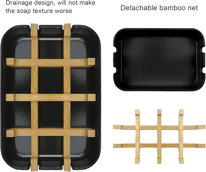 2 Pack Bamboo Soap Dish, Self-Draining Hand Soap Box, Wooden Bamboo Bar Soap Holder for Shower, Bathroom, Kitchen, Bathtub, Bar Sink (Black)