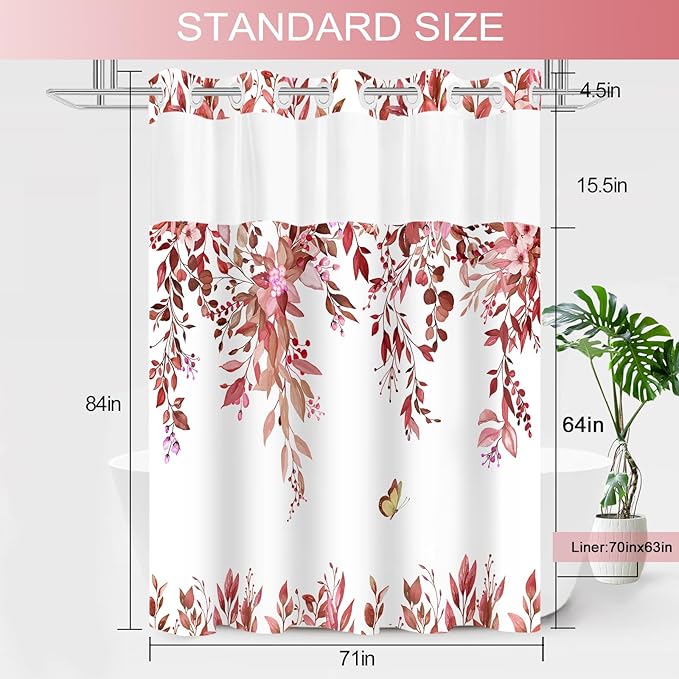 No Hook Shower Curtain and Liner Set, Red Eucalyptus Floral Shower Curtains for Bathroom, Bath Curtain Sets with Snap in Liner, Waterproof with See Through Top Window, 71x84 Inches