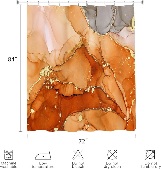 Extra Long Shower Curtain 72 x 84 Inch, Orange Tall Abstract Marble Shower Curtains for Bathroom, Modern Luxury Art Decor Ink Texture Fabric Shower Curtain Set with Hooks