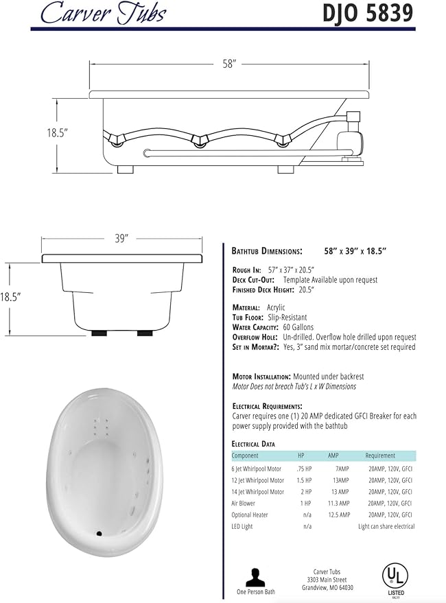 Carver Tubs - DJO5839 - Whrilpool Bathtub With Heated Jetted Air - 58"L x 39"W x 18.5"H - White Oval Acrylic Tub - End Drain