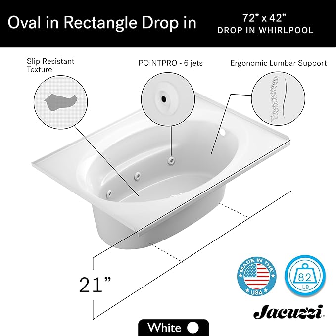 Jacuzzi SIGNATURE Acrylic Drop-In Bathtub, Heated Jet Massage Tub, Slip Resistant, Right Drain Placement, 72" (L) x 42" (W), Oval In Rectangle, White