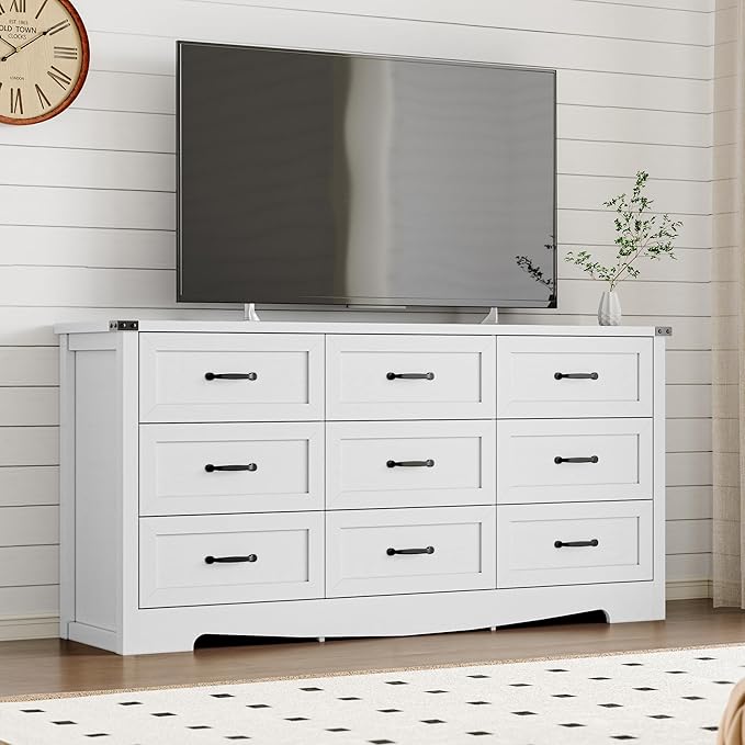 9-Drawer Dresser for Bedroom, Modern Wooden Chest of Drawers with Metal Handles, Anti-Tipping Design, Sturdy and Stable Storage Organizer for Living Room, Entryway, Home Office
