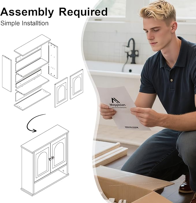 Bathroom Medicine Cabinet,2 Doors White Bathroom Wall Cabinet with Arched,Over Toilet Storage Cabinet for Laundry Room/Kitchen/Living Room,Surface Mount Medicine Cabinets 23x24