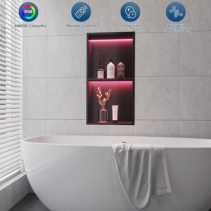 2-Tiers 12x24 Shower Niche, RGB LED Light Strips, Matte Black Wall Cabinet Shlef, Stainless Steel NO Tile Needed Recessed Wall Niche for Bathroom Storage Organizer