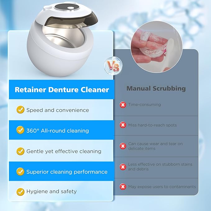 45kHz Retainer Cleaner Machine, 200ML Ultrasonic Dental Cleaning Pod with 4 Modes, Digital Timer, Mouth Guard Cleaner for Denture, Aligner, Braces, Toothbrush, Jewelry and More (White)