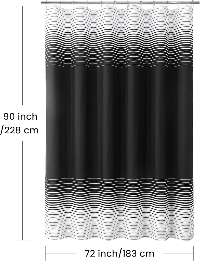 90 Inch Black Shower Curtain, Extra Long Modern Black and White Gradient Horizontal Stripe Waterproof Polyester Shower Curtains for Bathroom, 72x90 Inches