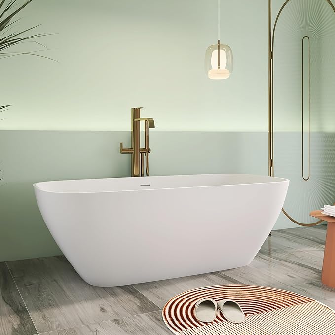 67" Premium Solid Surface Freestanding Bathtub, Upgraded Modern Design Stand Alone Tub with Overflow and Pop-up Drain, Matte White