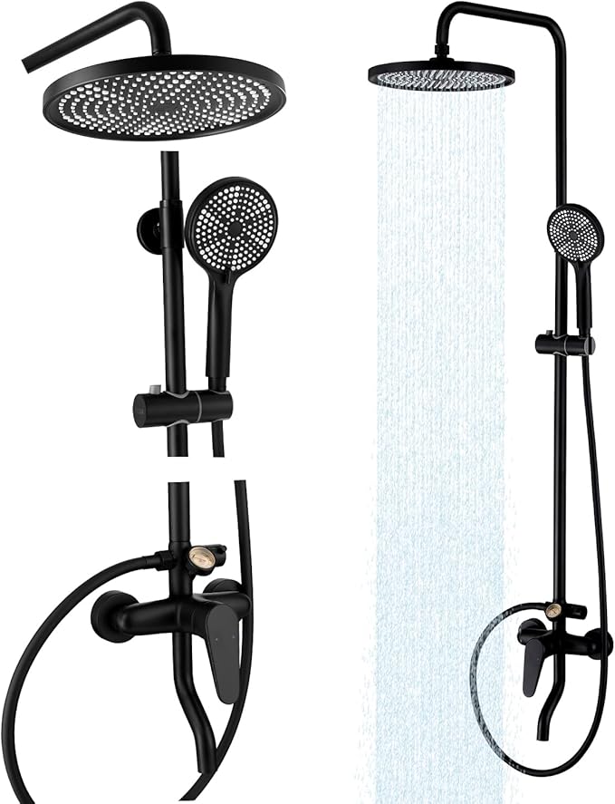 Outside Shower Kit,3 Functions Handle Tub Rainfall Shower Faucet Sets with Dial Thermometer Brass Valve, Black Exposed Shower Pipe System with 10'' Rainfall Shower Head Adjustable