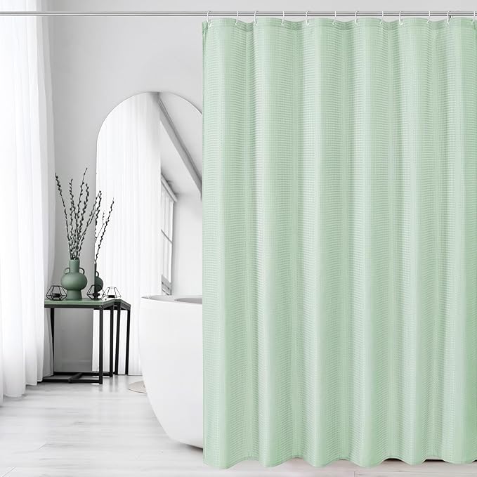 Gibelle Long Shower Curtain 72 x 78, Tall Waffle Weave Textured Fabric Shower Curtain for Bathroom, Water Repellent, Machine Washable, Mint Green