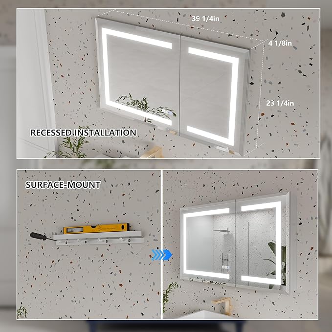 GroGro LED Lighted Bathroom Medicine Cabinet with Mirror, 40" W x 24" H Beveled Edge Medicine Cabinet with Lights,Surface or Recessed Mounting,Defog,Dimming,3-Color Temperature Adjustment