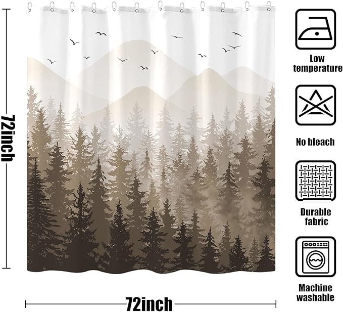 Aipon Brown Misty Forest Shower Curtain Ombre Nature Tree Plants Shower Curtains Fabric Waterproof Mountain Shower Curtain Sets for Bathroom Bath Decor with 12 Hooks (Brown, 72'' × 72'')
