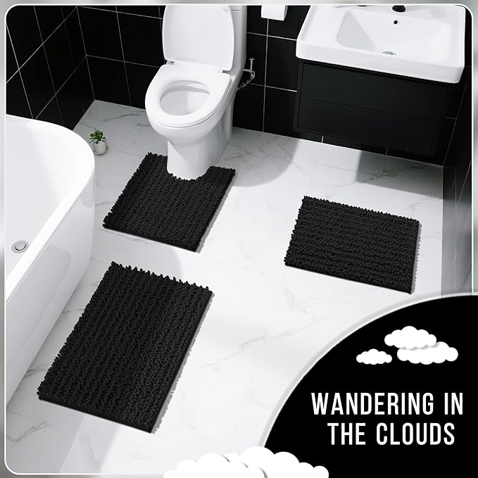 Yimobra Bathroom Rugs Non Slip Washable 32x20 Inch - Ultra Soft Absorbent Chenille Bath Mat, Quick Dry Shaggy Floor Carpet for Tub Shower, Black Home Decor Accessories