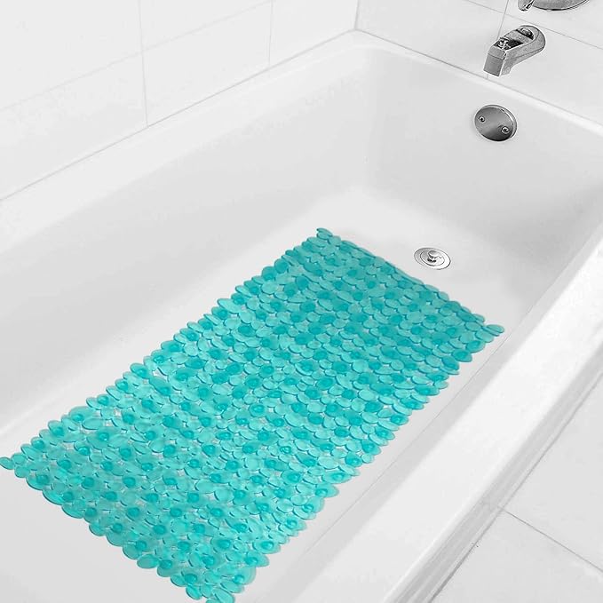 WELTRXE Non Slip Bath Mat Pebbles Bathtub Mat with Suction Cups, Drain Holes for Bathroom Showers, Tub, 35 x 16 Inches Machine Washable Bathroom Mats BPA, Latex Free Safe Shower Mats - Teal