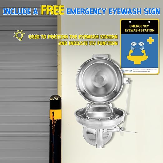 Eye Wash Station with Cover, Wall Mount Eyewash Station OSAH Approved, Stainless Steel Plumbing Eye Washing Unit, with Dual Spray & Mirror, NPT Threaded, Industrial& Commercial Grade Eye Wash Station