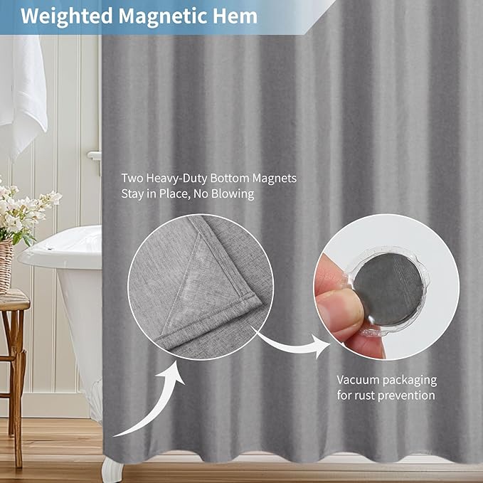 2-in-1 Waterproof Fabric Shower Curtain or Liner,Linen Textured,Breathable TPU & Washable Bathroom Shower Curtain Set with 12 Plastic Hooks,Modern,72"x72" Grey