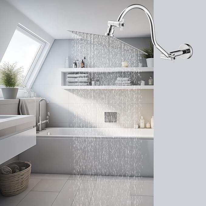 Hibbent All Metal Upgraded 18'' Shower Head Extension Arm with Flange, Solid Brass Flexible Height & Angle Adjustable Shower Arm Extender with Lock Joint, Universal Connection, Chrome