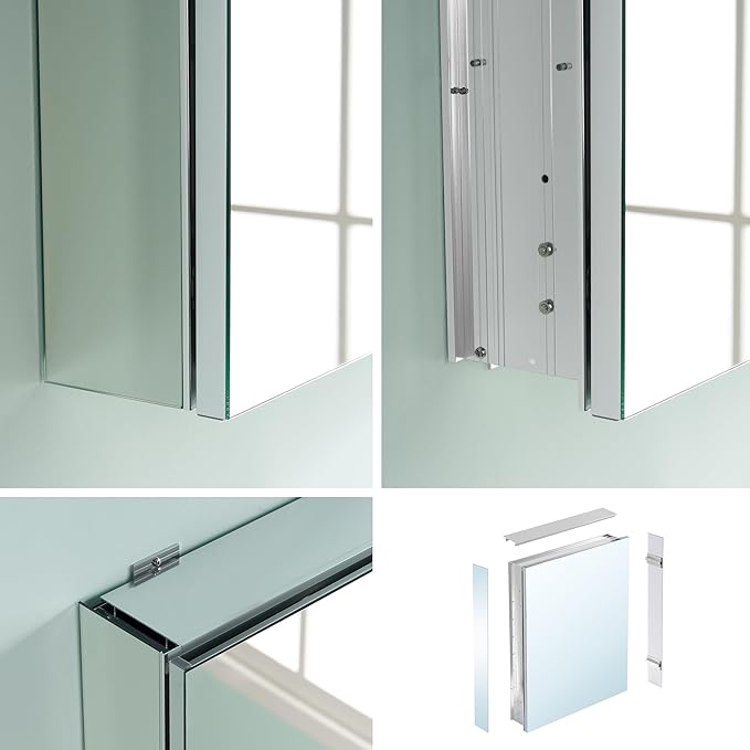 WELLFOR 40" x 30" Bathroom Medicine Cabinet, Anodized Chrome Aluminum Frame, Medicine Cabinet with Adjustable Glass Shelves, Bathroom Mirror Cabinet, Surface or Recessed Mount, Three Doors