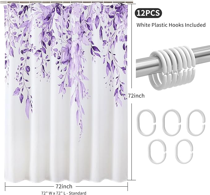 Colorful Star Purple Eucalyptus Waterproof Shower Curtain Set with Hooks, Minimalist Watercolor Floral Print Bathroom Décor, Plant Leaves Washable Fabric Shower Curtain, 72 x 72 Inch