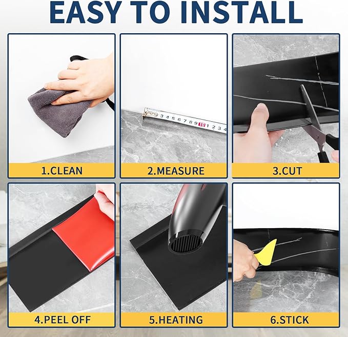 Flexible Baseboard Molding Trim 4 Inch Self-Adhesive Vinyl Wall Base Peel and Stick Cove Base Rubber Wall Baseboard Moulding Trim (40Ft, Black Stone)