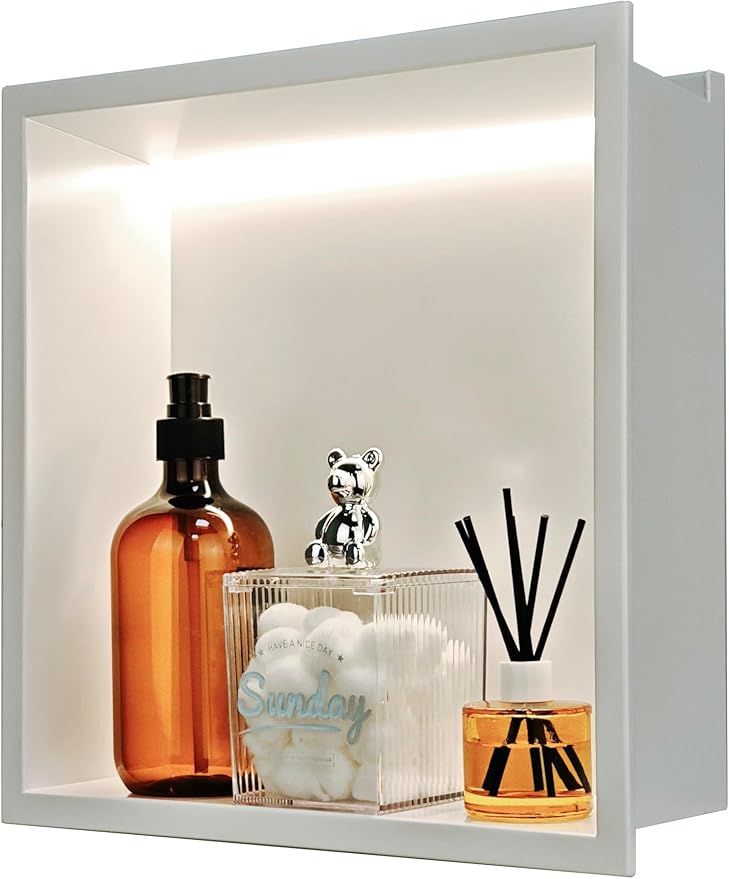 Shower Niche 12"x12" ,Lighted Niche for Shower Wall Stainless Steel Waterproof Shelf,Shower Lighting with Bathroom Storage ,Matte White ( 12"x 12")