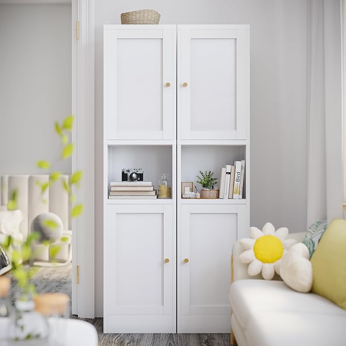 COFaR 67" Tall Metal Bathroom Storage Cabinet,6-Tier Freestanding Linen Tower with 2 Doors,Narrow Slim Metal Locker Storage Cabinet for Small Spaces,Modern,White