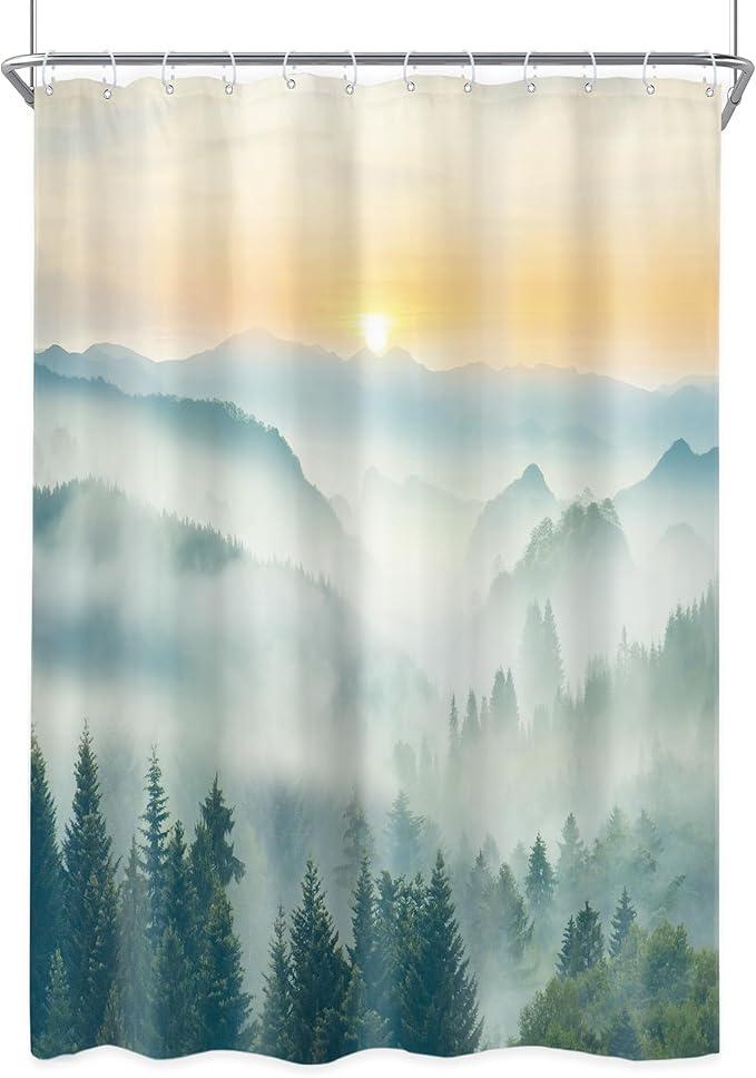 Riyidecor Small Stall Mountain Shower Curtain 54Wx78H Inch Rv Narrow Extra Long Green Sunset Sunrise Scenery Landscape Woodland Bathroom Decor Fabric Polyester Waterproof 12 Pack Hooks