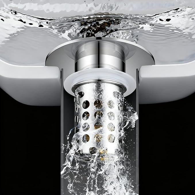 Beruth Bathroom Sink Stopper Hair Catcher, 304 Stainless Steel Pop Up Drain Strainer for 1.1''~2.36'' Basin, Upgraded Silent & Odor-Proof Design, Removable Filter Basket & Easy Install(All Metal)