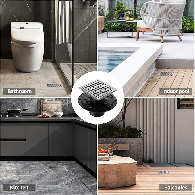 Shower Drain, Chrome 4 inch Square Shower Floor Drain with Flange, Silver Removeable Grid Panel SUS 304 Stainless Steel Square Shower Drain