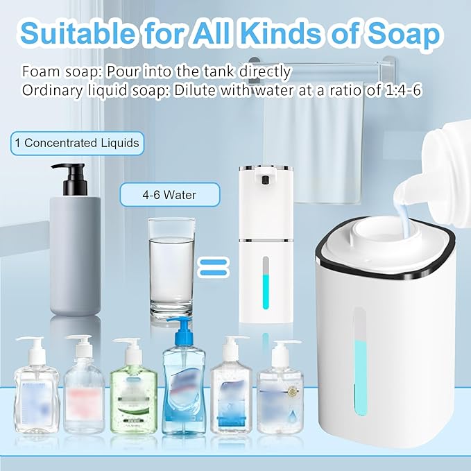 Automatic Foaming Soap Dispenser Touchless, USB Rechargeable Smart Hand Soap Dispenser, 9-Level Adjustable, Physical Button Operation, 13.5oz/400mL Wall Mounted for Bathroom Kitchen Dish Soap