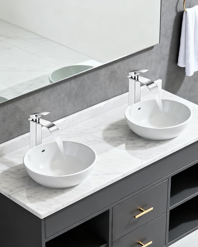 LIFG Chrome Vessel Sink Faucet, Tall Waterfall Bathroom Faucet, Single Handle One Hole Mixer Bowl Tap with Large Rectangular Spout, Bar Sink Faucet Lavatory Vanity
