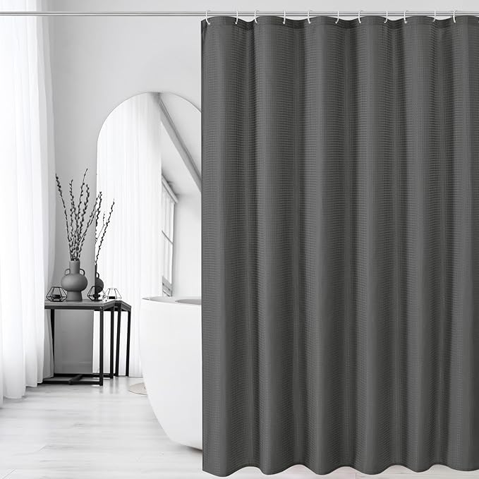 Gibelle Long Shower Curtain 72 x 78, Tall Waffle Weave Textured Fabric Shower Curtain for Bathroom, Water Repellent, Machine Washable, Charcoal Grey
