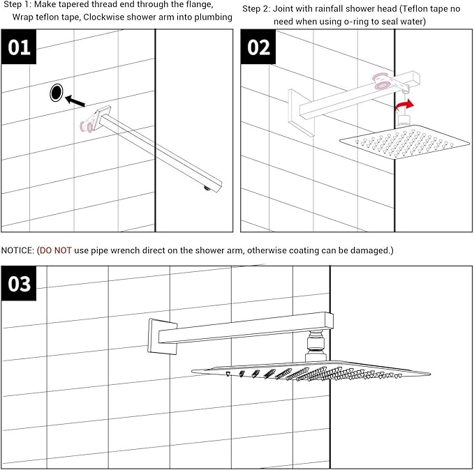 Square Shower Arm with Flange Heavy Duty Stainless Steel Rainfall Shower Head Extension Pipe, Bathroom Wall Mounted 16 Inch Extender Arm, Brushed Nickel