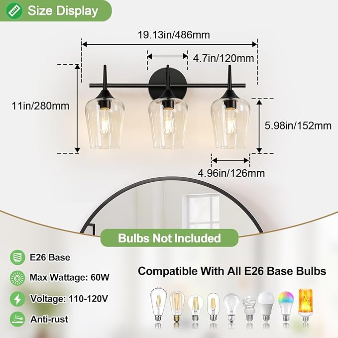 2025 Upgrade 3-Light Bathroom Light Fixtures, Black Vanity Lights for Bathroom with Clear Glass, 19.5 Inch Bathroom Lighting Fixtures Over Mirror, Modern Wall lamp for Cabinet Hallway