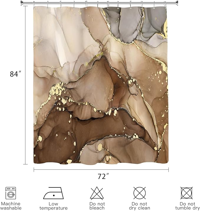 Extra Long Shower Curtain 72 x 84 Inch, Brown Tall Abstract Marble Shower Curtains for Bathroom, Modern Luxury Art Decor Ink Texture Fabric Shower Curtain Set with Hooks