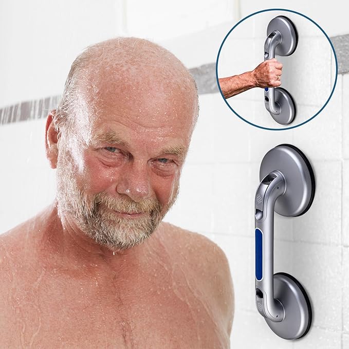 New Shower Handle Shower Grab Bars for Bathtubs and Showers,Strong Hold Suction Cup Grip Grab,Bath Handle for Handicap Elderly Seniors Bathroom Safety Grab Bar(Silver Blue)
