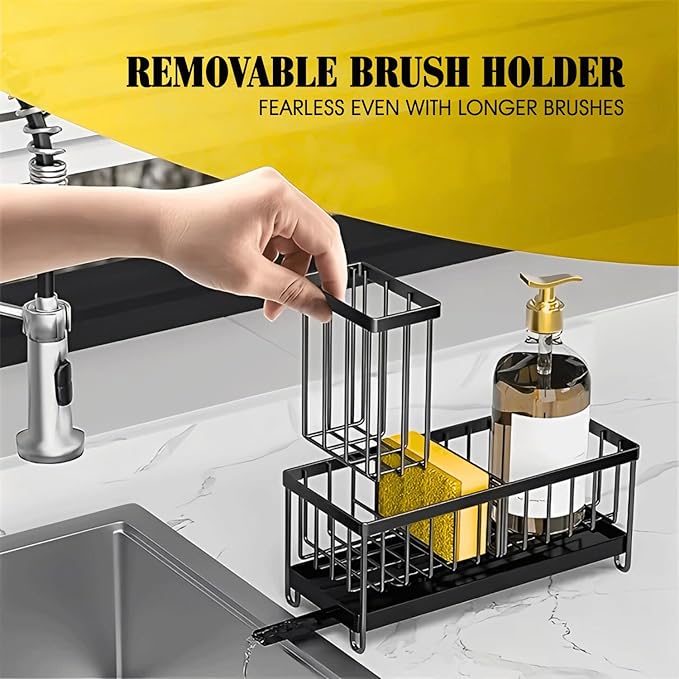 5 in 1 Kitchen Sink Caddy Organizer, Rustproof Stainless Steel Sink Caddy with Washing Cloth & Adhesive Hooks, Kitchen Sink Organizer with High Brush Holder, Sponge and Soap Holder for Kitchen Sink