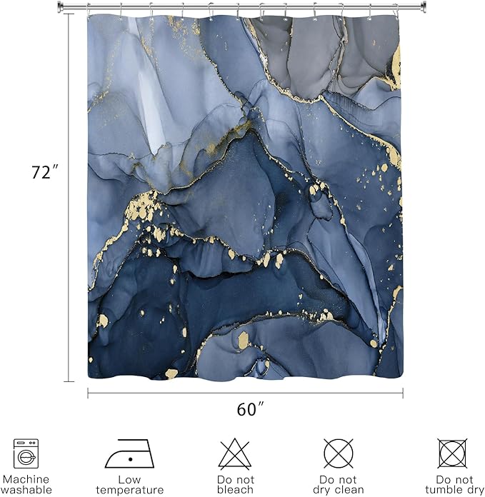 Navy Blue Marble Shower Curtain 60x72, Dark Blue Modern Abstract Fabric Shower Curtains for Bathroom, Luxury Art Ink Texture Watercolor Cloth Shower Curtain Set with Hooks