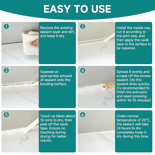 White Silicone Caulk for Bathroom & Kitchen,Waterproof Silicone Sealant for Shower, Countertops, Easy to Use with Tool, Stronger Adhesion, Shrink & Crack Proof, Long-Lasting (5.29oz White)