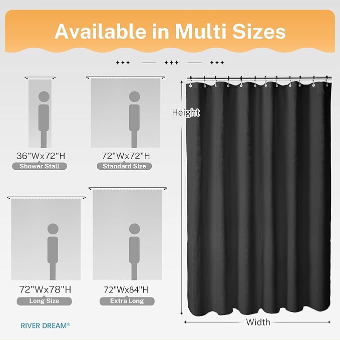 River Dream 3 in 1 Shower Curtain Set, Waffle Fabric Shower Curtain and Waterproof Clear Liner Set with Double Sided Metal Hooks, Black, 72" W*78" H