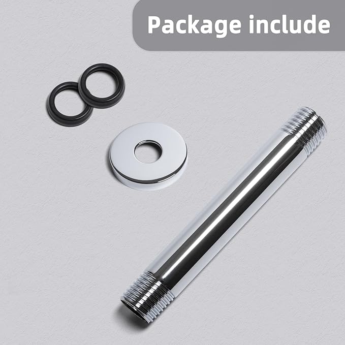 6 Inch Shower Arm with Flange, Ceiling Mounted Shower Head Extension Arm, 1/2 NPT Straight Arm for Rain Shower Head, Stainless Steel Shower Head Extension Replacement Pipe Arm,Chrome