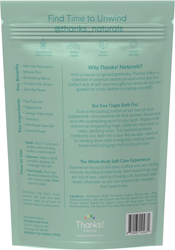 Bath Fizz, Tea Tree Tingle, Vegan Bath Fizz with Epsom Salt, Tea Tree Oil, Shea Butter, Himalayan Pink Salt & Peppermint, Spa at Home, Self Care Essential, Multiple Baths, 4 OZ