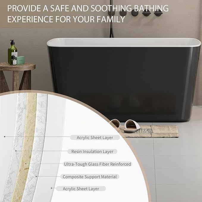 Abruzzo 49" Small Freestanding Bathtub - Square Acrylic Soaking Tub for Small Spaces, Japanese Style Deep Soak with Chrome Overflow & Quick Drain, Gloss Black cUPC Certified Compact Bathtub