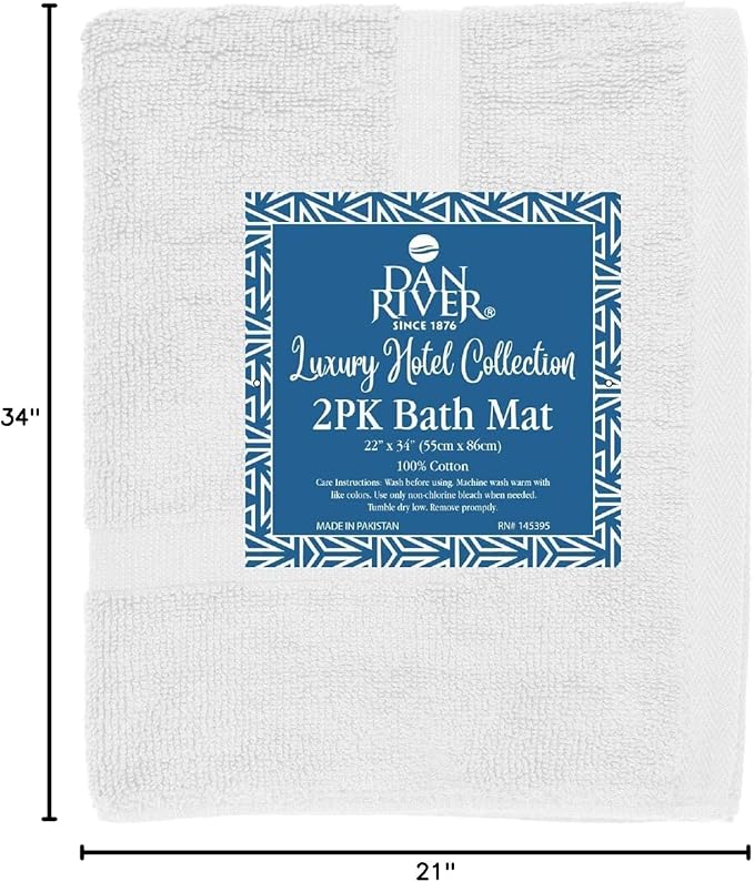 DAN RIVER Classic Cotton Bath Mats Set of 2 – Not a Bathroom Rug, Ultra Soft, Highly Absorbent & Machine Washable Bath Mat Towel for Bathroom Floor Mat – Durable, Quick-Dry, 21x34 Inches, White