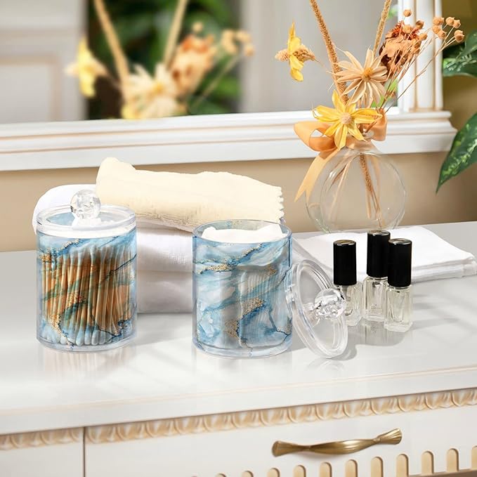 MNSRUU 2 Pack Qtip Holder Organizer Dispenser Sky Blue Marble Bathroom Storage Canister Cotton Ball Holder Bathroom Containers for Cotton Swabs/Pads/Floss