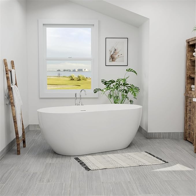 65" Acrylic Freestanding Bathtub, Double Ended Free Standing Tub, Soaking Tub with Integrated Slotted Overflow, Toe-Tap Chrome Drain, cUPC Certified, Glossy White