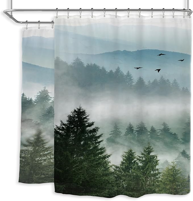 Riyidecor Extra Wide Green Mountain Shower Curtain 108Wx72H Inch Rustic Nature Scenery Foggy Pine Tree Landscape Woodland Natural Botanical Bathroom Decor Fabric Polyester Waterproof 18 Metal Hooks