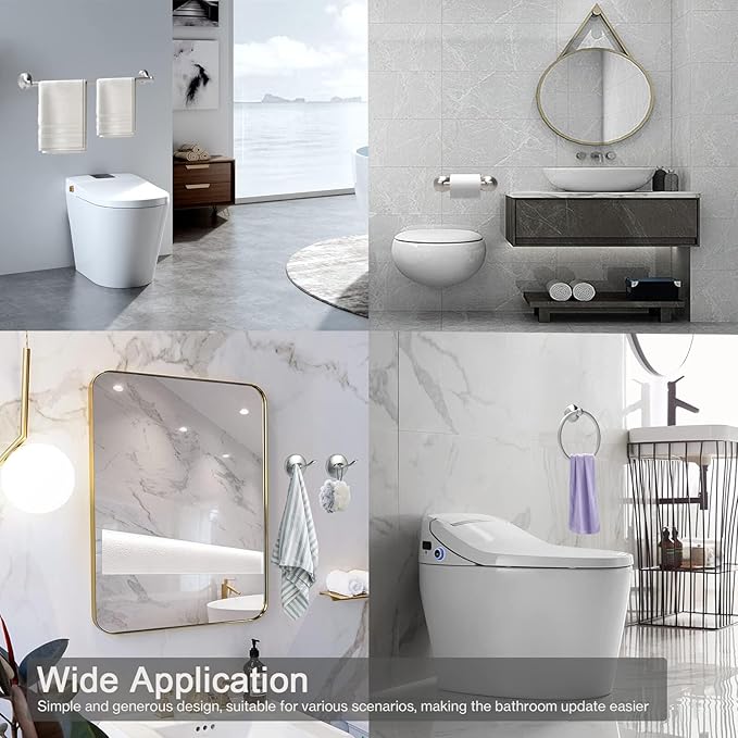 Newfun 8-Pieces 24" Bathroom Hardware Set, Bathroom Accessory Set, Includes 24" Adjustable Bath Towel Bar, Towel Rings Wall Mounted, Toilet Paper Holder, Robe Towel Hooks (Brushed Nickel)