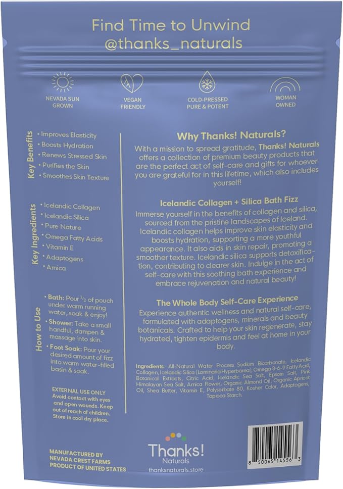 Bath Fizz, Icelandic Collagen + Silica, Vegan & Natural Bath Fizz with Shea Butter, Himalayan Pink Salt & Marine Collagen, Spa at Home, Self Care Essential, Multiple Baths, 4 OZ