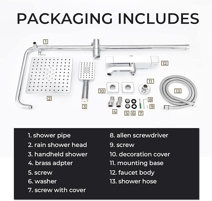 Shower Faucet Set 8" Square Shower Head 3 Function Thermostatic Rainfall Shower Faucet Set Handheld Sprayer Tub Spout Polished Chrome with Height Adjustable Slide Bar